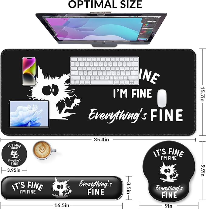 Desk Mat Set + Keyboard and Mouse Pad with Wrist Rest Support,4-in-1 Large Mousepad Computer Mats for Desktop Home & Office-It's fine I'm fine Everything is fine