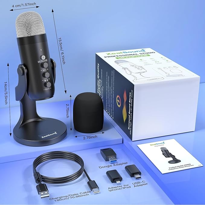 ZealSound Wireless Microphone for PC, Noise Cancellation Podcast Mic with Gain, Mute, Monitor & Echo Control, Cordless Mic for YouTube, ASMR, Podcasting, Streaming, iPhone, iPad, Android, Mac, K66DG