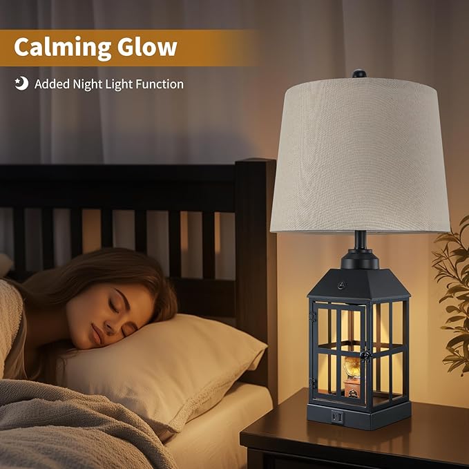 25" Farmhouse Table Lamps for Living Room, Black Lamps Set of 2 with USB Port and Nightlight, Rustic Table Lamp for Bedroom, Bedside Lamp for Nightstand, End Table, Home, Office, LED Bulbs Included