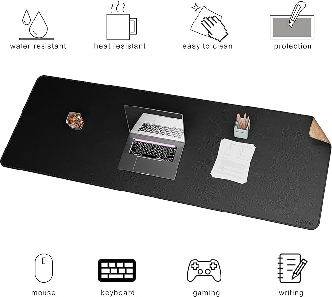 Chihein 67” x 24” Cork & PU Leather Desk Mat (Black) - Huge Mouse Pad, Double Sided Waterproof Desk Pad Protector for Gaming, Office, Home