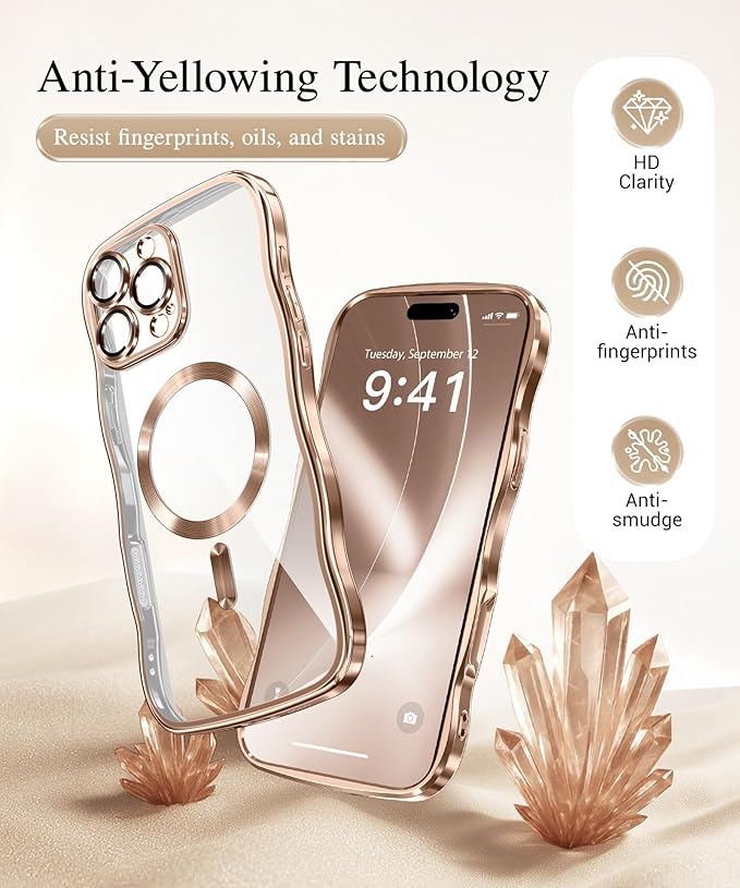 GVIEWIN for iPhone 16 Pro Case Compatible with MagSafe, Upgraded [Full Camera Protection][Cute Wave Frame][Military Grade Protection] Electroplated Soft Phone Cover for Women Girl, Clear/Rose Gold
