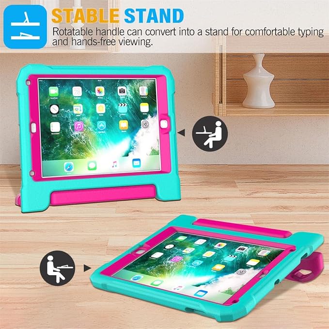 SUPLIK Kids Case for iPad 5th/6th Generation (9.7 inch, 2017/2018), iPad Air 1 & Air 2 & Pro 9.7 Case with Screen Protector, Durable Shockproof Protective Cover with Handle Stand, Cyan&Pink