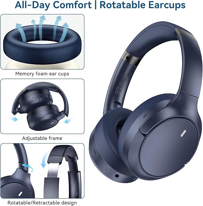 Hybrid ANC Wireless Over-Ear Headphones, 100H Playtime, Hi-Res Audio, Bluetooth 6.0, Multi-Mode Noise Cancellation, Comfort Fit, iOS & Android Compatible, Foldable Design, Travel-Friendly (Blue)