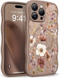 GVIEWIN for iPhone 15 Pro Case Compatible with MagSafe [Curly Wave Edge][Full Camera Protection] Floral Translucent Shockproof Magnetic Women Phone Case for iPhone 15 Pro 6.1'', Corn Poppy/Brown