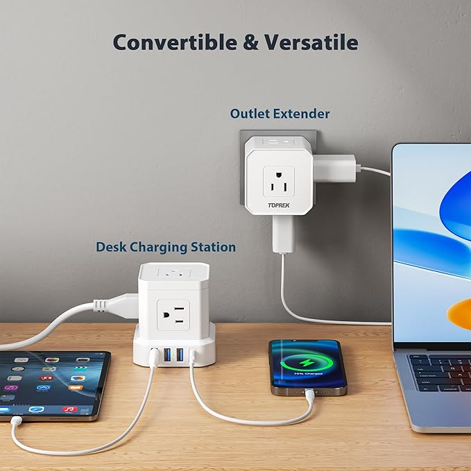 Power Strip with USB, TOPREK Power Strip Tower with 9 AC, 1 USB-C, 3 USB-A, Convertible Outlet Extender & Desk Charging Block with 6.5 FT Flat Plug Extension Cord for Home Office, Kitchen 1625W/13A