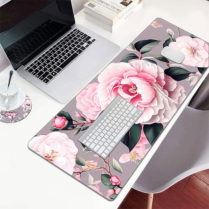 Large Mouse Pad for Desk+Coaster, Extended XL Mouse Pad 31.5x11.8 in, Mouse Pads Large with Stitched Edge, Desk Mat Keyboard Pad Non Slip Base Multi Purpose Desk Pad - Flower
