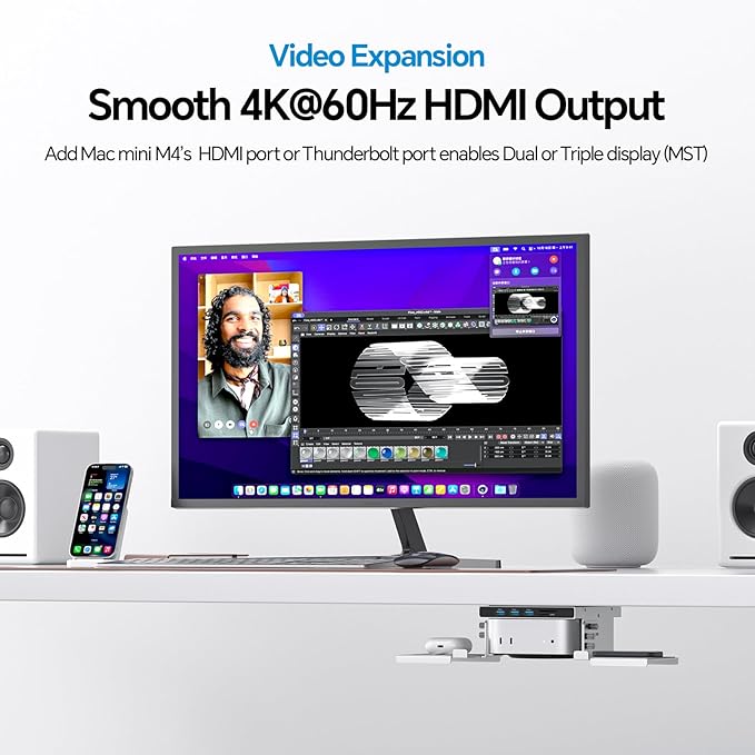 Mac mini M4 Dock & Stand with M.2 NVMe 8TB SSD Enclosure, Macmini M4 Hub with HDMI 4K 60Hz, 3 USB-A 10Gbps for Mac mini M4/M4 Pro 2024, Metal Bracket Holder for Monitor, Desk and VESA Port
