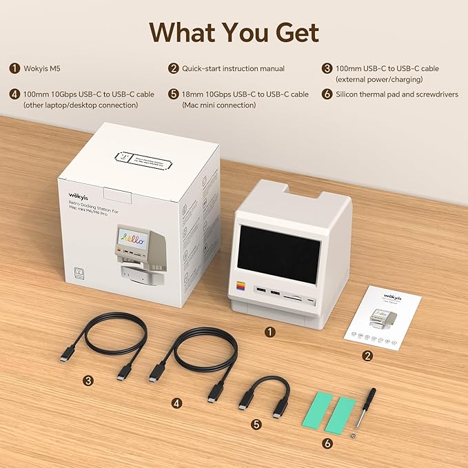 M5 Retro Dock Station for Mac mini M4, 5’inch HD Display, 10Gbps M.2 NVMe SSD Enclosure, SD/Micro SD Reader 4.0, 4*USB-A 1*USB-C 10Gbps, 3.5mm Earphone Jack,