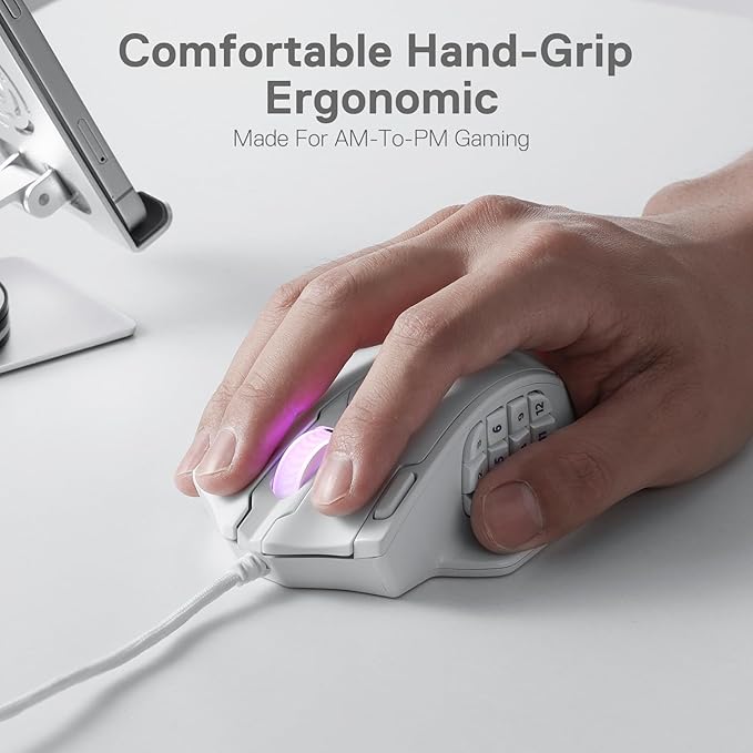 Redragon M908 Impact RGB LED MMO Gaming Mouse with 12 Side Buttons, Optical Wired Ergonomic Mouse with Max 12,400DPI, High Precision, 18 Programmable Macro Shortcuts, Comfort Grip, White