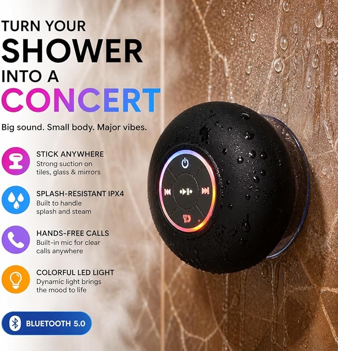 Bluetooth Shower Speaker with LED – Portable Wireless Mini Speaker with Mic & Suction Cup, IPX4 Water Resistant for Shower, Travel, Pool, River Floating, and Outdoor Fun (Black)