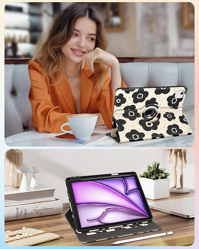 Kidcube for iPad Air 13 Inch Case (M3/M2)/for iPad Pro 12.9 Cases 6th/5th (2022/2021) - Women Girls Cute Rotating Stand Folio Cover with Pencil Holder & Card Slot Design Black Floral Flowers Cover