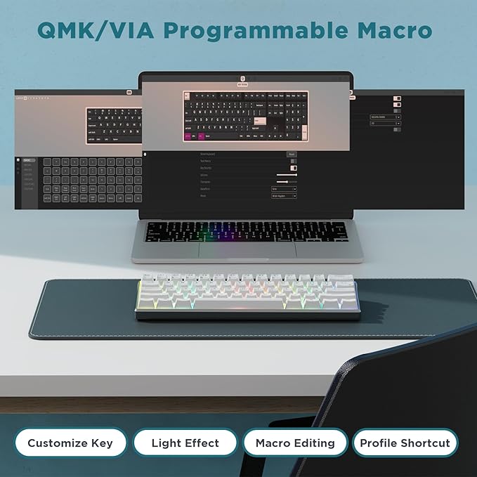 RK ROYAL KLUDGE RK61 Pro 60% Wired Gaming Keyboard, Hot Swappable Mechanical Keyboard with Aluminum Shell, Programmable RGB Backlit PC Game Keyboards 61 Keys, PBT Keycaps, Gateron Red Switch, White