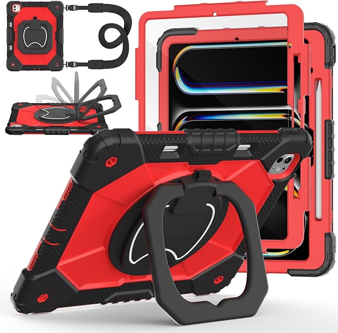 Case for iPad Pro 13 Inch M5 2025 / M4 2024, Auorld for iPad Pro 13 Inch M5 2025 with Screen Protector, 360 Degree Rotating Stand Shoulder Strap Pencil Holder, Black Red