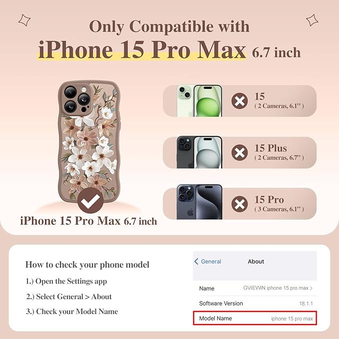 GVIEWIN for iPhone 15 Pro Max Case Compatible with MagSafe [Curly Wave Edge][Full Camera Protection] Floral Translucent Shockproof Magnetic Women Phone Case for 15 Pro Max 6.7'', Dogwood/Brown