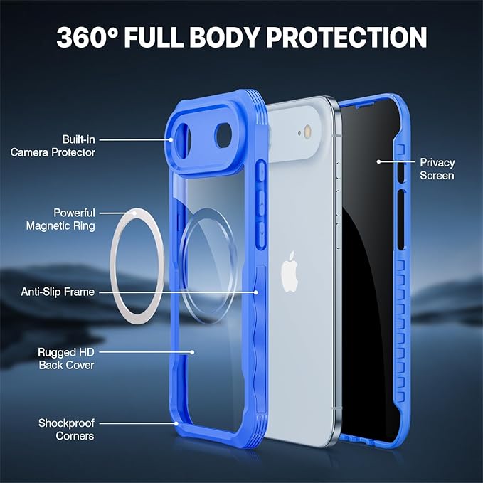 CENHUFO Magnetic Privacy for iPhone 17 Air Case [Compatible with Magsafe] Full Body Phone Case Built-in 9H Tempered Glass Privacy Screen Protector, Camera Protection Shockproof Bumper Cover -Blue