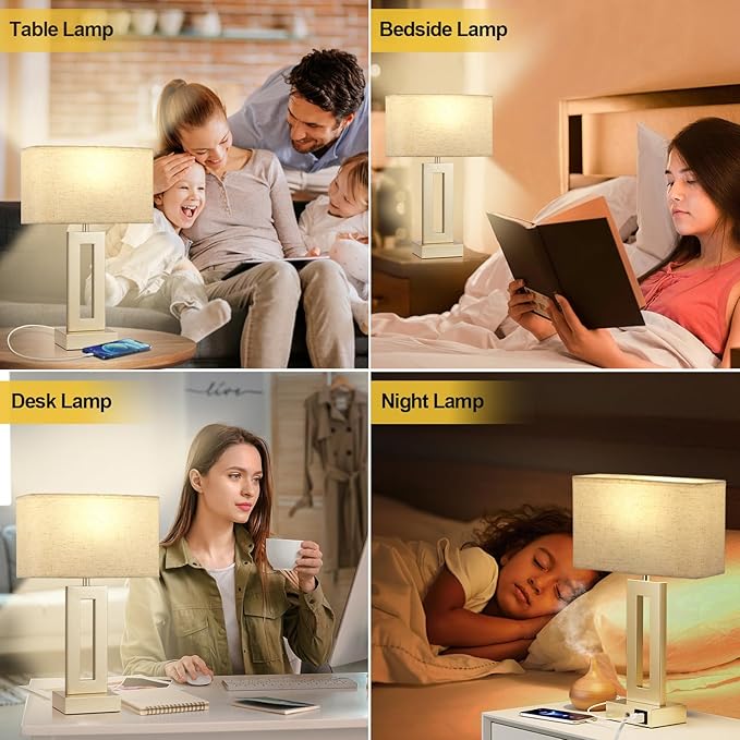 Seealle Bedroom Table Lamps Set of 2 - Beige Gold Touch Bedside Lamps with USB C+A, 3 Way Dimmable Gold Lamp for Nightstand, Modern Night Stands Lamps for Living Room