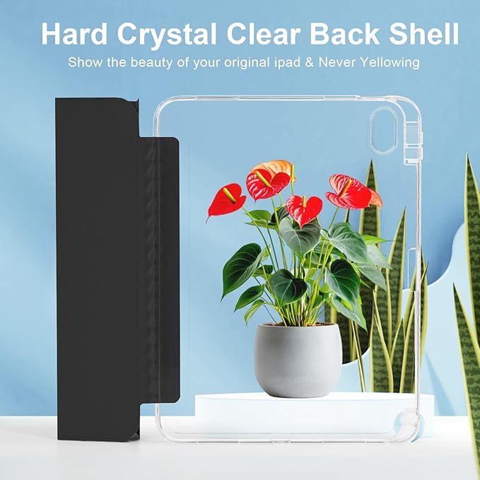 Case for iPad A16 11th Generation 11 Inch 2025, iPad 10th Generation 10.9 Inch 2022, Hybrid Protective Cover with Pencil Holder, Clear Transparent Back Shell Anti-Yellowing Case, Black
