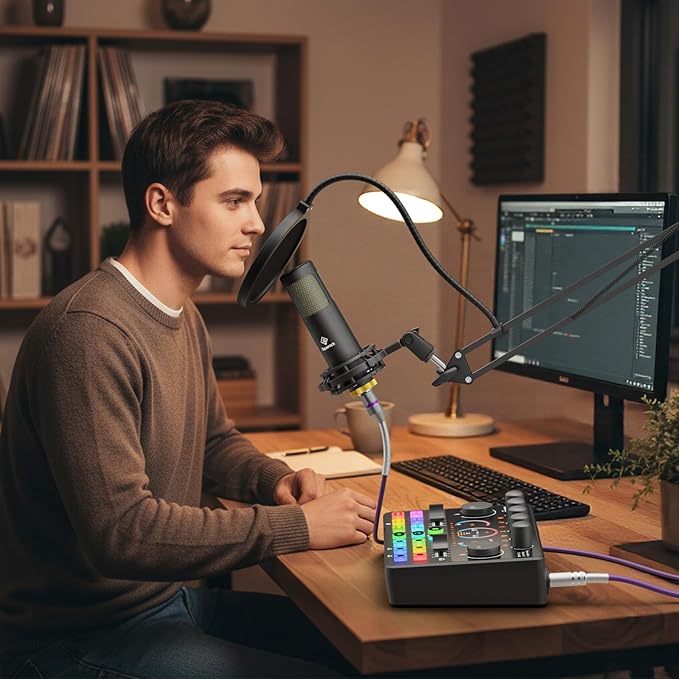 Podcast Equipment Bundle,5RGB Mixer with XLR-6.5mm interface,Dynamic Microphone, TF Card, Surround Sound, Suitable for Streaming/TikTok/YouTube, Compatible with Mobile Phones, PC,Camera RS2