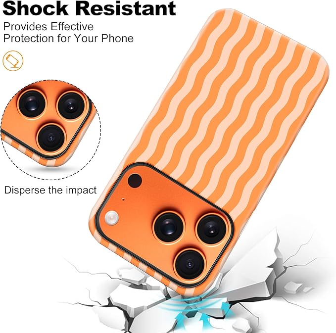 Magnetic for iPhone 17 Pro Case Cute Wavy Stripes Phone Case, Shockproof Slim TPU and Hard PC Protective Phone Cover Compatible with MagSafe Designed for Women Girls, Orange