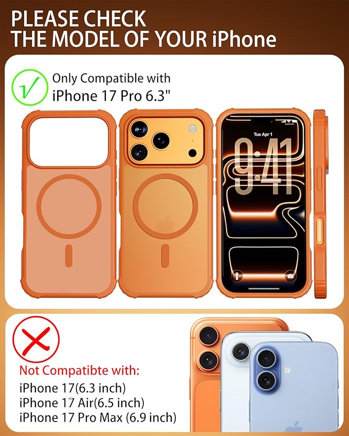 for iPhone 17 Pro Case, Magnetic Shockproof Matte Semi-Transparent Orange Cover, Compatible with MagSafe, Durable Anti-Fingerprint Anti-Scratch 3-in-1 Set Phone Case
