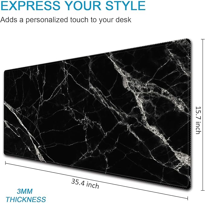 XXL Waterproof Office Desk Pad Protector 35.4x15.7 Inch - Extended Gaming Mouse Pad with Non-Slip Rubber Base, Thickened Keyboard Mat, Stitched Edges & Black White Marble Design