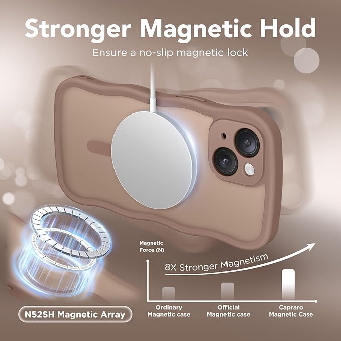 CAPRARO Cute for iPhone 15 Plus Case, Compatible with MagSafe, [Curly Wave Edge] [Full Camera Protection] [14 FT Drop Protection] Magnetic Phone Case for 15 Plus 6.7 Inch, Brown