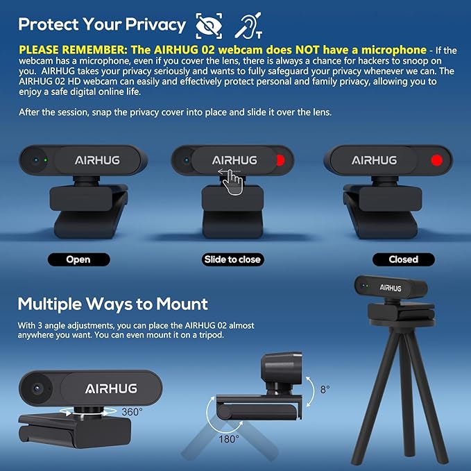 Webcam No Mic with Privacy Cover, USB Web Cam for Computer and Laptop Plug & Play, Web Camera Without Audio, 78° Wide-Angle,for Streaming and Conferencing (2K Webcam No Mic)