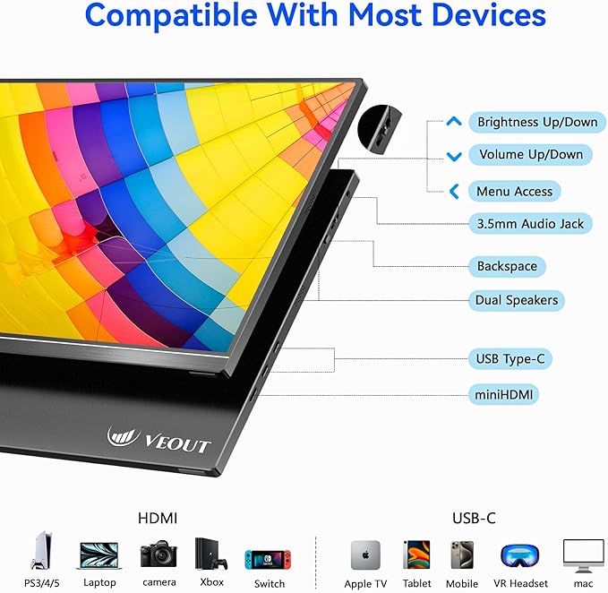 Veout 16" 1920×1200P IPS Portable Monitor for Laptop, Side/Vertical Monitor with Stand, USB-C & Mini HDMI, Second Screen for PC, MacBook, Phone & iPad, 4 Colors for Travel & Office