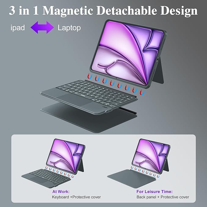 WIWU Keyboard Case for iPad Air 13 Inch M4/M3/M2 Pro 12.9 Magnetic Detachable Keyboard Case Adjustable Stand Colours Backlit Keys with Trackpad (Grey, for Air 13"(M3/M2) Pro 12.9" 6/5/4/3)