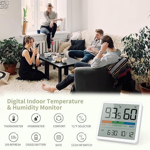 NOKLEAD Indoor Hygrometer Thermometer - Digital Temperature & Humidity Monitor with Calibration, Clear LCD Display & Clock, Accurate Room Gauge for Home, Baby Room, Office (White)