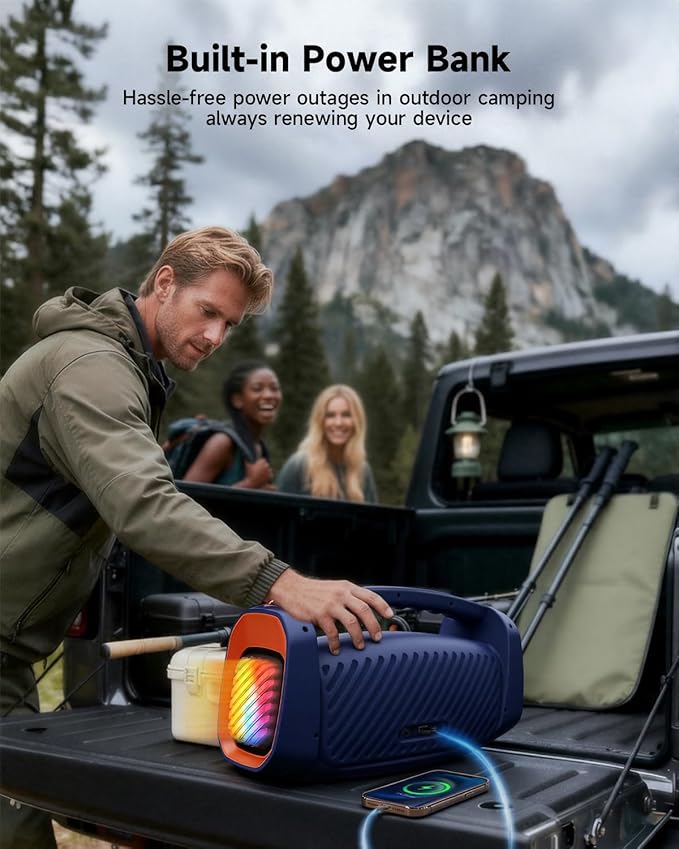 RWN Outdoor Bluetooth Speaker: 160W Loud Sound, IP67 Waterproof with 24H Playtime, Fast Charge, Bass, TWS, Portable Wireless Speakers with Light Show for House, Party, Projector, Beach (Blue+Orange)