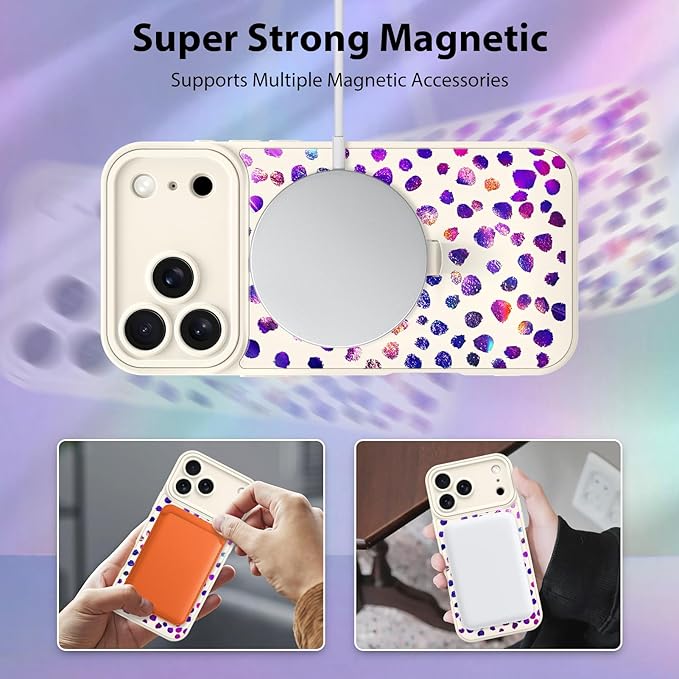 KANGHAR Compatible with iPhone 17 Pro Max Case, Support for MagSafe, Silicone Cute Iridescent Pattern Leopard Print Cheetah, Wristband Kickstand Shockproof Soft Slim Cover for Girls Women, White