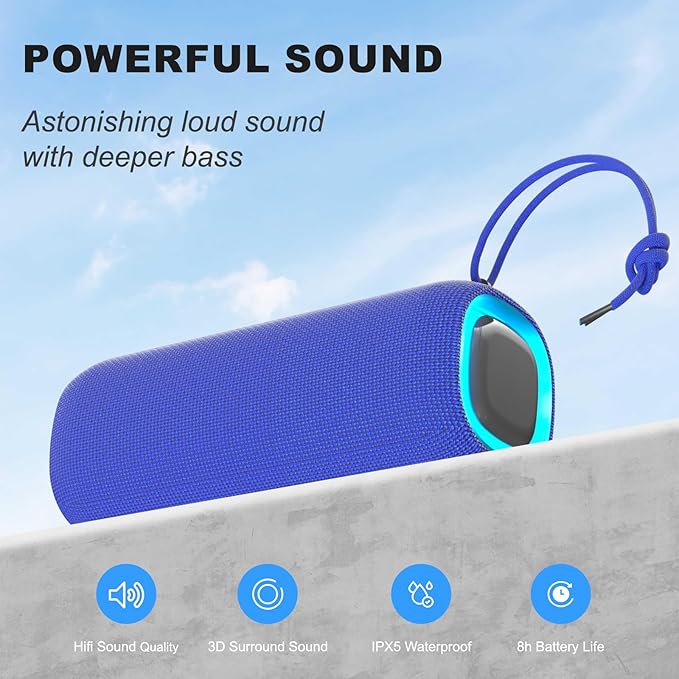 PEICHENG Bluetooth Speaker, Portable Wireless Clear Loud Stereo Sound IPX5 Waterproof with RGB Lights BT5.3 Long Playtime TWS Pairing,for Home Party Outdoor Beach,Great Gift Choice (Blue)