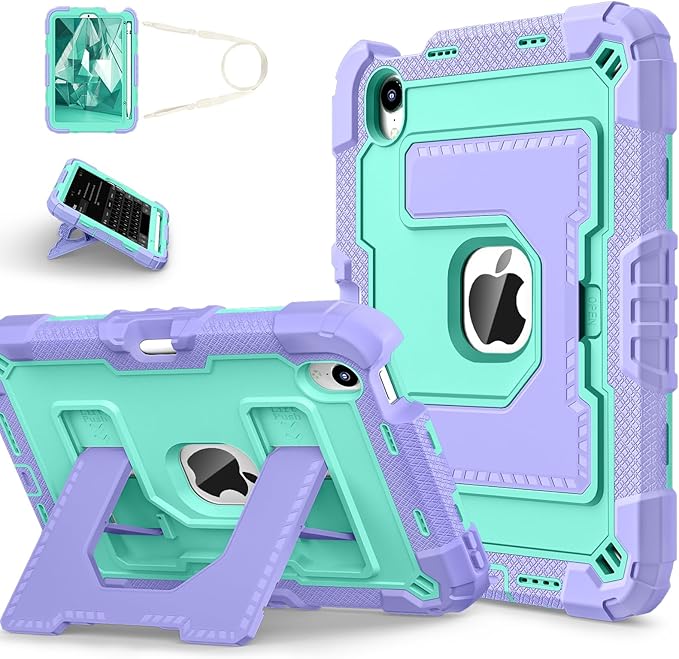 Kids Friendly Case for Apple iPad mini 7 A17 Pro 2024/iPad Mini 6 2021 8.3 Inch 7th/6th Gen Case with Pencil Holder & Shoulder Strap, Shockproof Kickstand Hard Shell Protective Cover,Purple+Mint