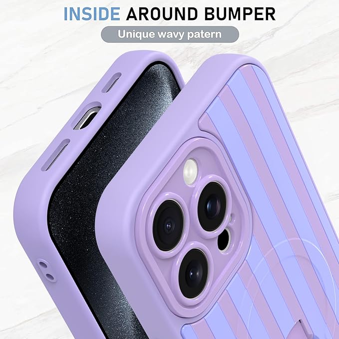 KANGHAR Compatible with iPhone 15 Pro Max Case, Support for MagSafe, Silicone Stripes Cute Pattern, Wristband Kickstand Camera Protection Soft Slim Cover for Girls Women -Purple