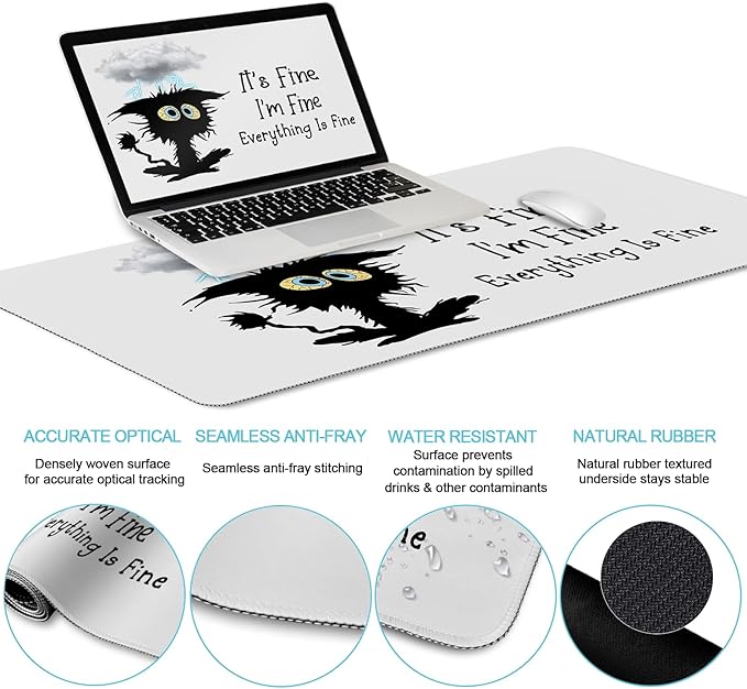 LIMKRIAN Desk Mat Set, Large Gaming Mouse Pad with Wrist Rest, Ergonomic Mouse Pad Keyboard Mat Wrist Support, Cup Coaster, Home Office Desk Accessories Decor Supplies, Funny Black Cat