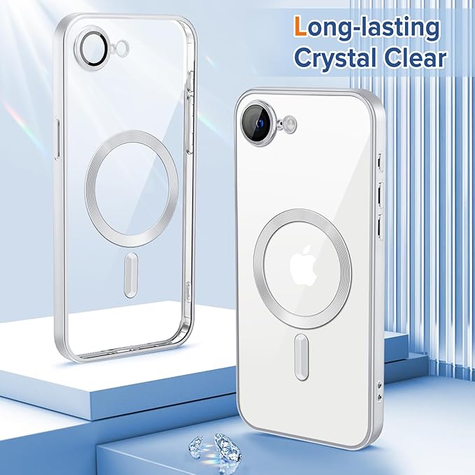 Hython Magnetic Clear for iPhone 17e Case with Camera Lens Protector [Compatible with MagSafe] Luxury Plating Edge Slim Soft TPU Cover Protective Phone Case for iPhone 17e 6.1", Matte Silver