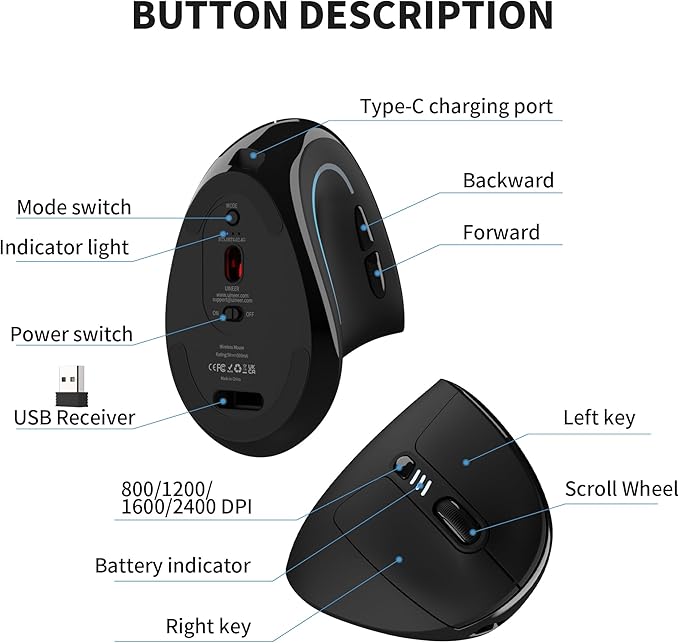 Uineer Ergonomic Mouse, Wireless Bluetooth Rechargeable Vertical Mouse, 7 Color LED, 4 DPI Adjustable, USB-A, Wrist Strain Relief,Optical Mice for Computer/PC/Laptop, Black (Black)