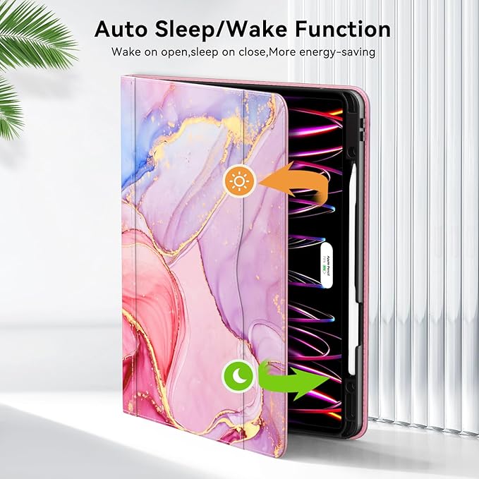 Zonefoker Case for New iPad Pro 12.9 inch 6th/5th/4th/3rd Generation 2022/2021/2020/2018, 12.9'' ipad Pro Leather Folio Protective Cover 6/5/4/3 Gen with Pencil Holder, Auto Wake/Sleep, Marble Pink