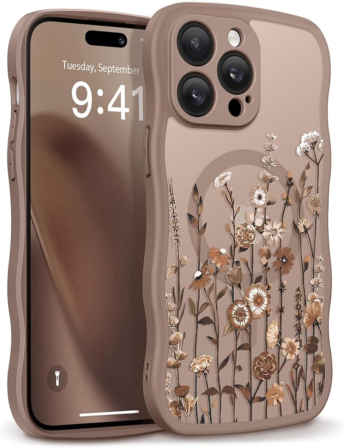 GVIEWIN for iPhone 14 Pro Case Compatible with MagSafe [Curly Wave Edge][Full Camera Protection] Floral Translucent Shockproof Magnetic Women Phone Case for 14 Pro, Floratopia/Brown