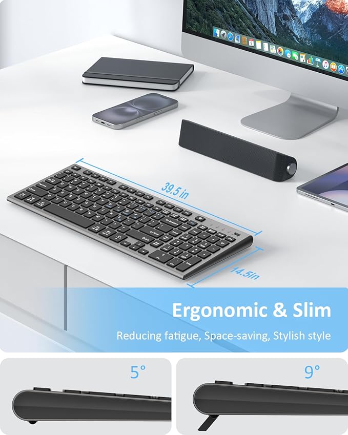 FENIFOX Wireless Keyboard, Bluetooth & 2.4G USB & USB-C Rechargeable Silent Ultra Quiet Low Profile Compact Full Size with Number Pad Soft Multi Device for Mac MacBook Windows PC - Black & Grey