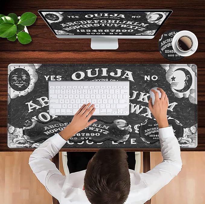 Gaming Mouse Pad XXL Large Desk Mat Ouija Board Witch Extended Mousepad Non-Slip Rubber Mice Pads Stitched Edges(31.5x11.8 In)Ergonomic Premium Memory Foam Keyboard Wrist Rest and Black Mouse Pad Set