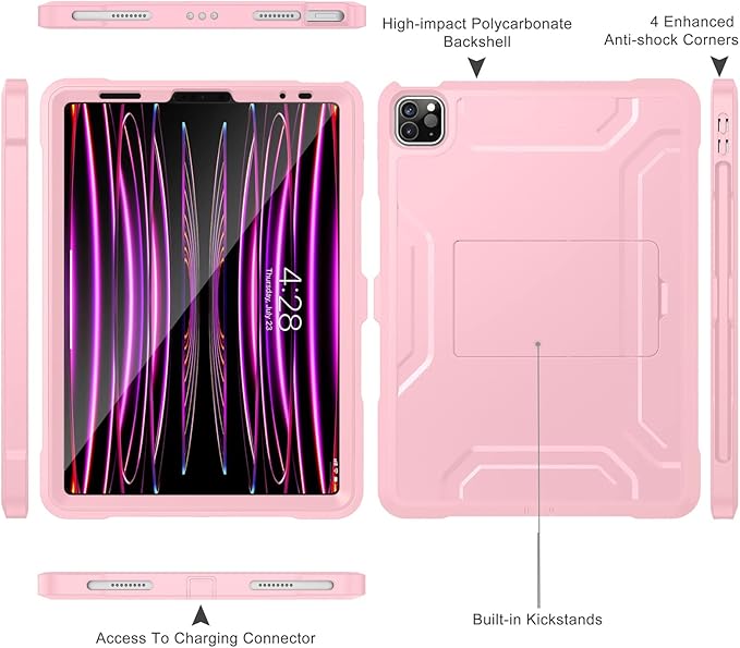 Soke Case for iPad Pro 11 Inch 2022/2021/2020/2018/iPad Air 5th/4th Generation,Built-in Screen Protector - Support 2nd Apple Pencil Charging - Heavy Duty Rugged Protective Kickstand Case - Pink