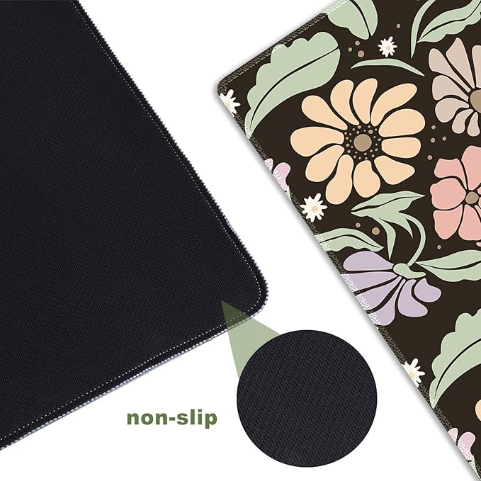 ARTSO Black Large Desk Mat,XXL Gaming Mouse Pad,Non Slip Desk Pad with Rubber Base,Floral Extended Keyboard Mat with Stitched Edges for Office Home School
