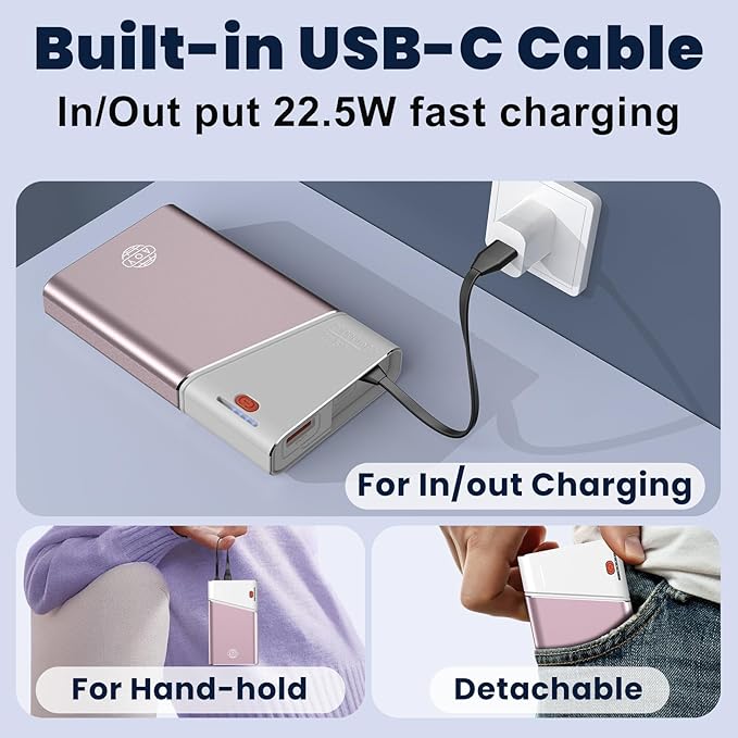 Aaoyun Portable Charger Power Bank, 20000mAh 22.5W PD Fast Charging Powerbank with Built-in USB C Cable, External Phone Battery Pack for iPhone 17/16/15 Samsung S24 Android etc, Pink