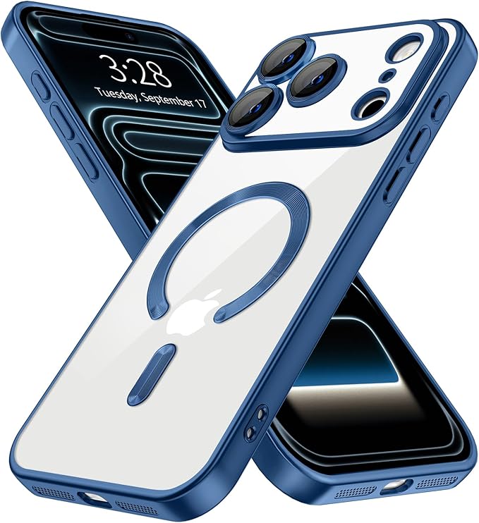 Hython Magnetic Clear for iPhone 17 Pro Case with Camera Lens Protector [Compatible with MagSafe] Luxury Plating Edge Slim Soft TPU Cover Protective Phone Case for iPhone 17 Pro 6.3", Matte Deep Blue