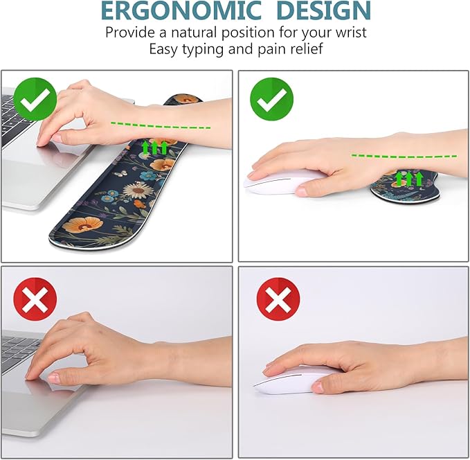 DINKY Desk Mat Keyboard Mouse Pad Set, Large Gaming Mouse Pad +Keyboard Wrist Rest +Mousepad with Wrist Rest +Coaster, Ergonomic Non-Slip 4 in 1 Combo, Flowers Plants Butterflies