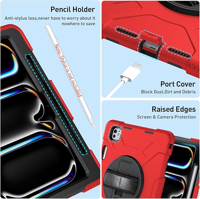 SUPFIVES 2025/2024 iPad Pro 11 Inch Case M5 (6th Generation), with Screen Protector/Shoulder Strap/Pencil Holder/Handle/Rotating Stand, Red