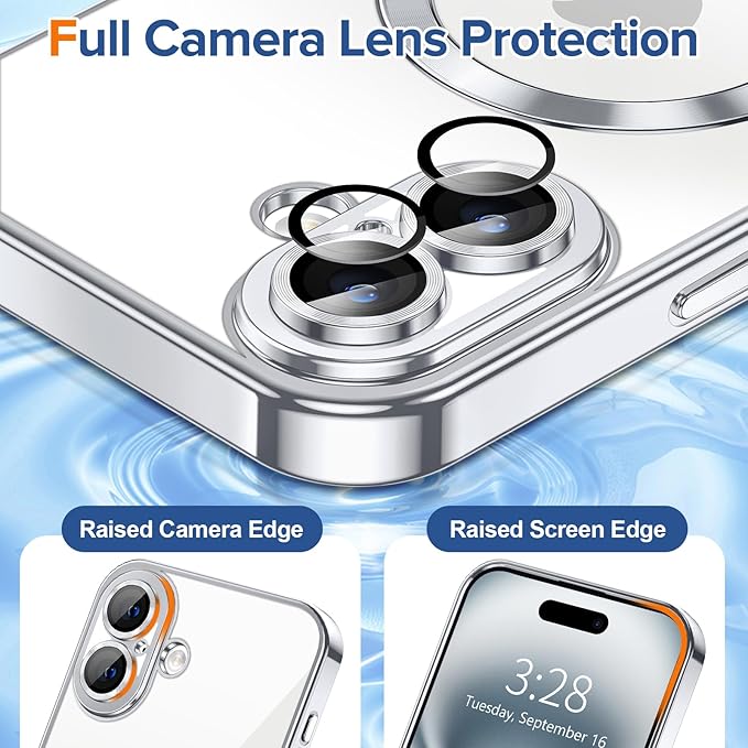 Hython Magnetic Clear for iPhone 16 Case with Camera Lens Protector [Compatible with MagSafe] Luxury Plating Edge Slim Soft TPU Cover Protective Phone Case for iPhone 16 6.1", Silver