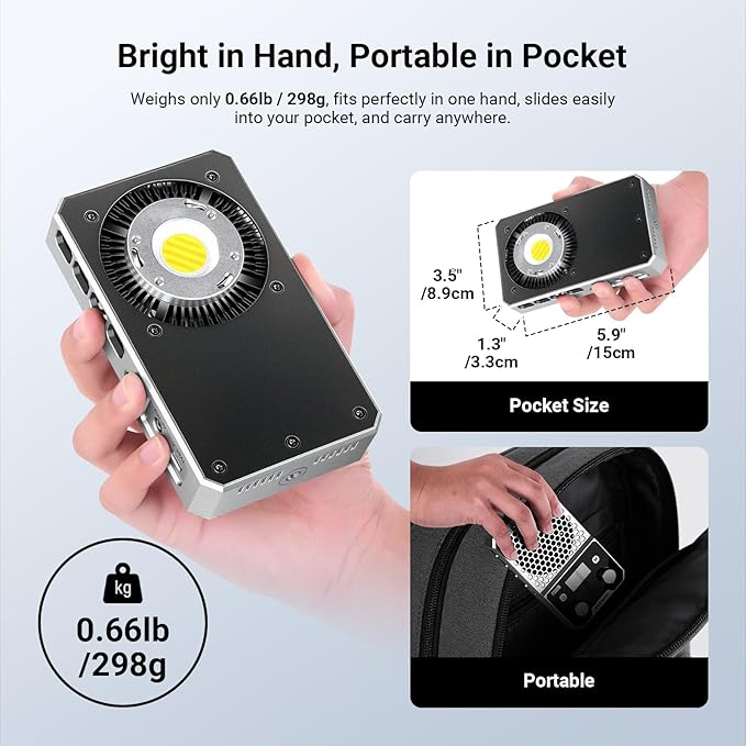 NEEWER 60W Compact Pocket Bi Color LED Light with APP & Panel Control, COB Continuous Output Lighting with 2700K-6500K/CRI96+, Portable for Professional Studio Photography Video Recording, FS60B